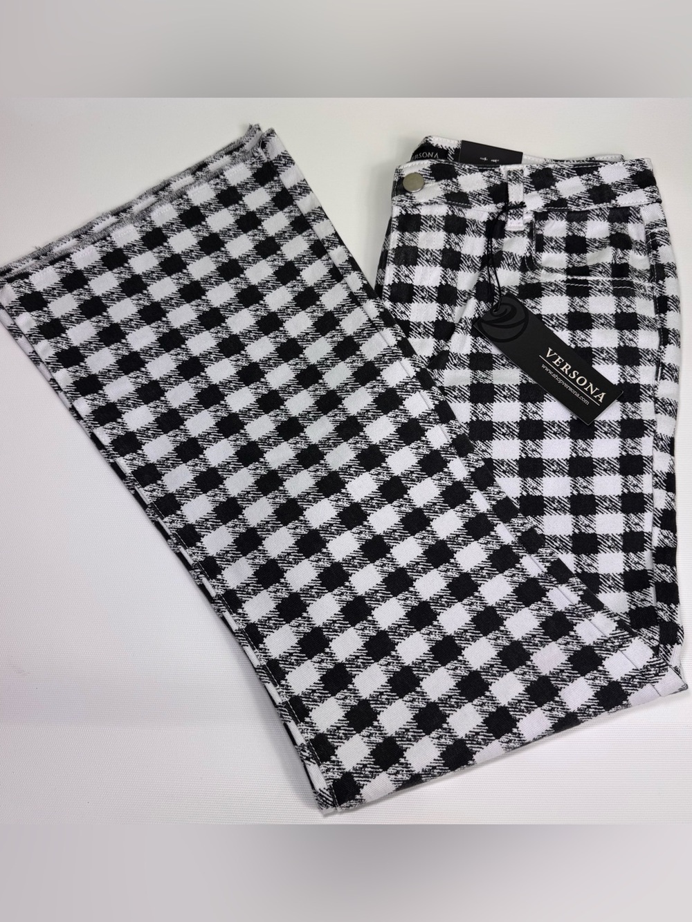 Versona Black White Black Gingham Plaid Flare Leg Pants Size 10 NWT